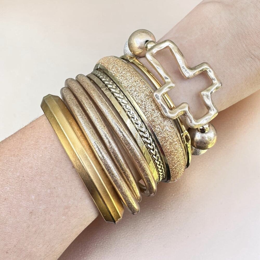 Gold Tone Bracelet Stack Mixed Material Metal Glitter Sparkle Matte Bangle Cross